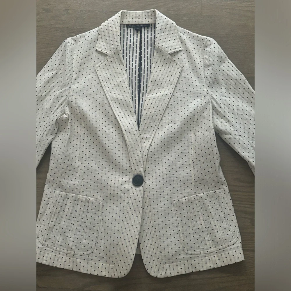 Lafayette 148 New York polkadot blazer white navy blue women’s size 10 EUC